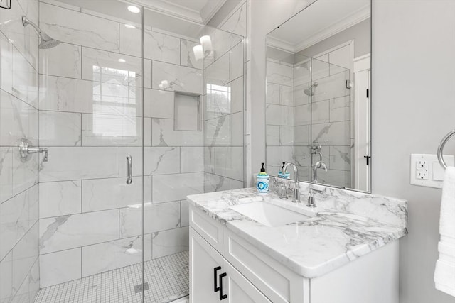 1 Apollo Cir, Lexington, MA 02421 - bathroom featuring crown molding, vanity, and a stall shower
