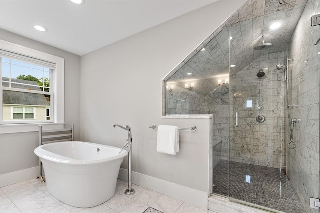 1 Apollo Cir, Lexington, MA 02421 - bathroom with a shower stall, a freestanding tub, recessed lighting, and marble look tiles