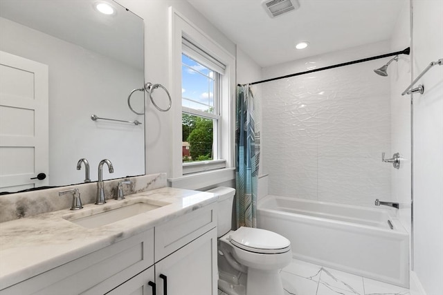 1 Apollo Cir, Lexington, MA 02421 - full bathroom featuring shower / bathtub combination with curtain, vanity, marble look tile flooring, and recessed lighting