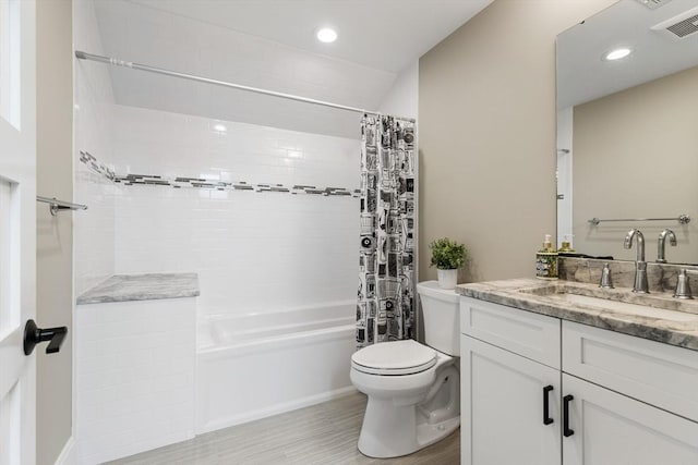 1 Apollo Cir, Lexington, MA 02421 - full bathroom with vanity, shower / bathtub combination with curtain, wood finished floors, and recessed lighting