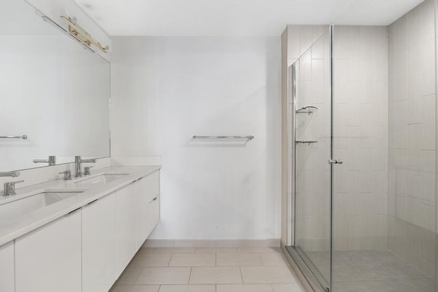 bathroom featuring walk in shower, vanity, and tile patterned flooring