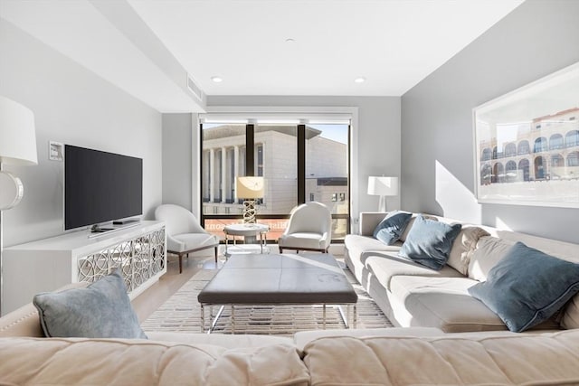 living room with light hardwood / wood-style flooring