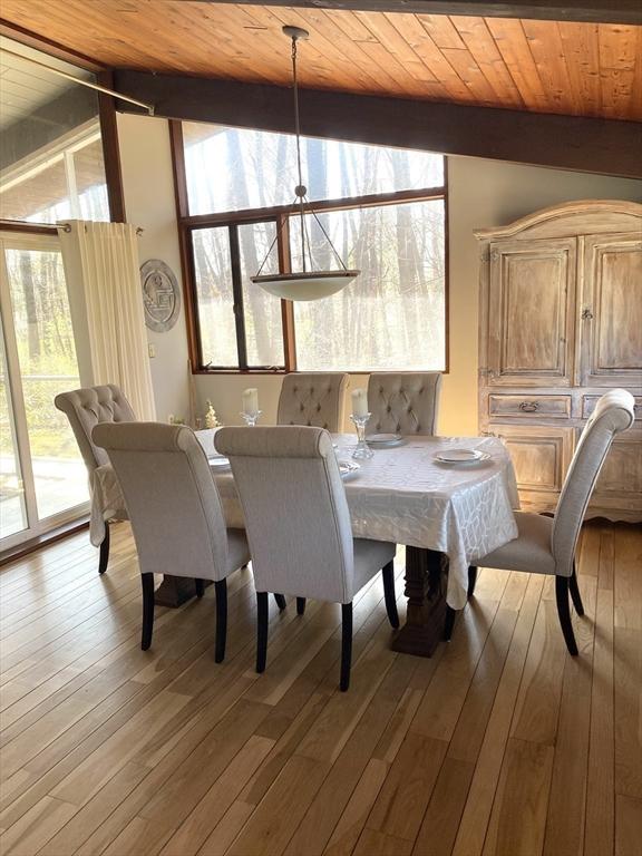 dining area with lofted ceiling with beams, light wood-type flooring, and wooden ceiling