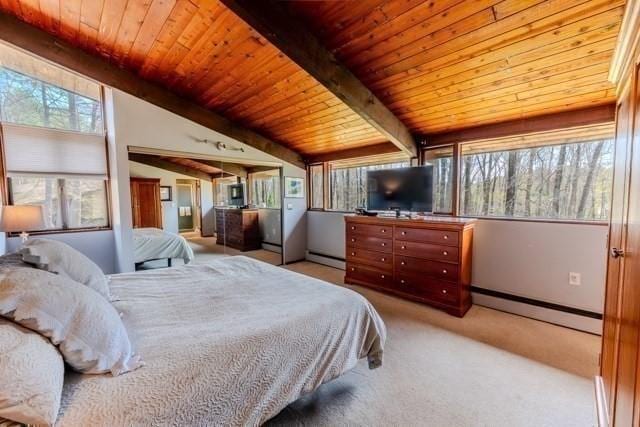 bedroom with lofted ceiling with beams, carpet flooring, baseboard heating, and wooden ceiling
