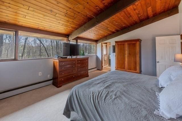 bedroom with lofted ceiling with beams, a baseboard heating unit, wooden ceiling, and light carpet