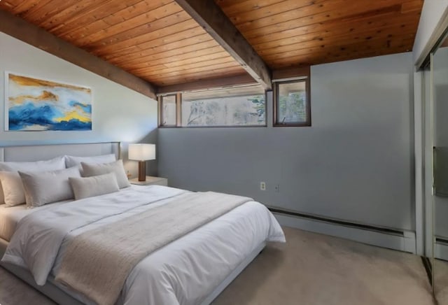 bedroom with beam ceiling, carpet, a baseboard radiator, and wooden ceiling