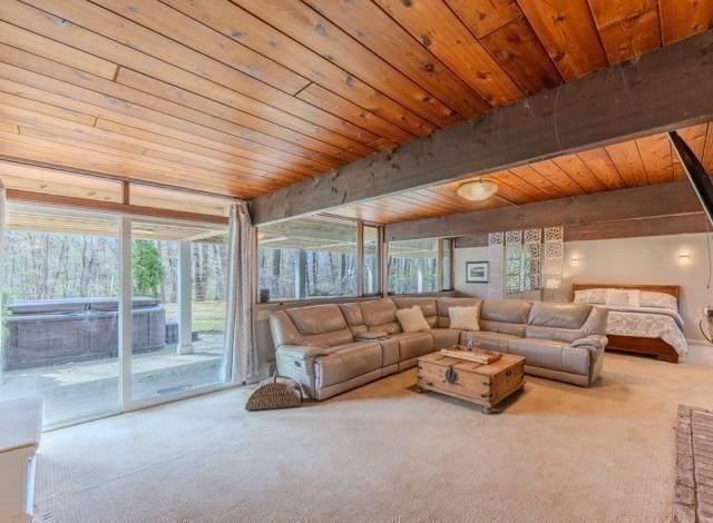 living area featuring wood ceiling and carpet