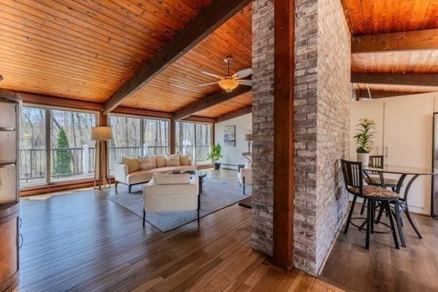 living room with lofted ceiling with beams, hardwood / wood-style floors, and wooden ceiling
