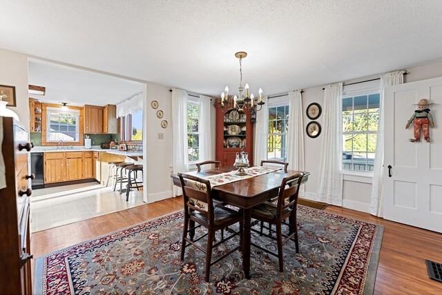 dining area featuring light hardwood / wood-style floors, a textured ceiling, sink, and plenty of natural light