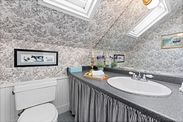 bathroom with toilet, vanity, and a skylight