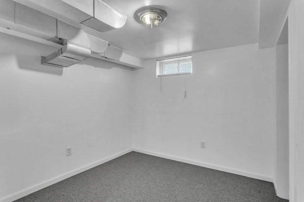 basement with dark carpet