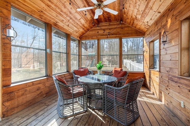 sunroom / solarium with a ceiling fan, vaulted ceiling, and wood ceiling