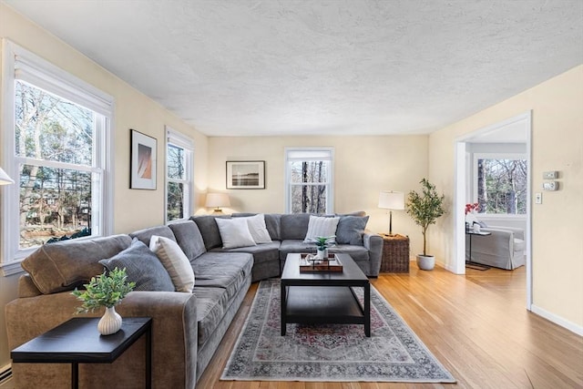 living area with wood finished floors, baseboards, a wealth of natural light, and a textured ceiling