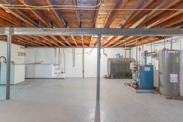 basement featuring washing machine and clothes dryer and water heater