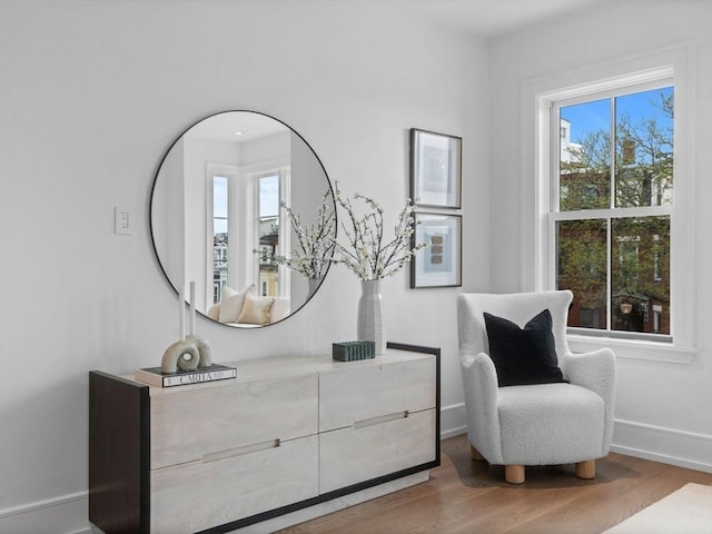 living area featuring baseboards and wood finished floors