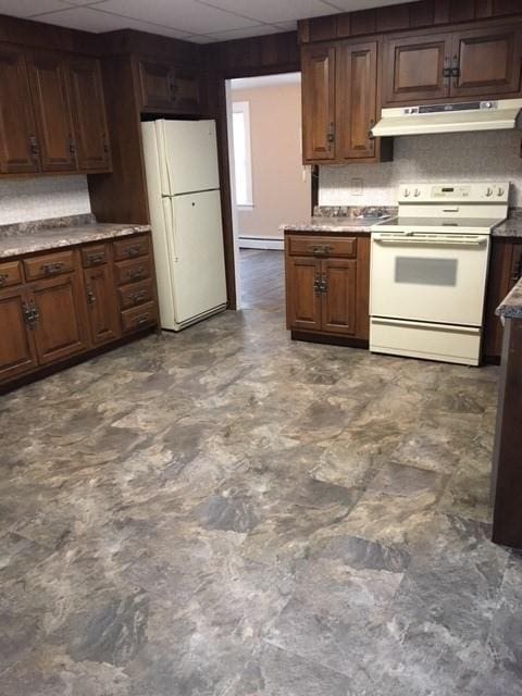 58 Jay St, North Attleboro, MA 02760 - kitchen with white appliances, under cabinet range hood, a drop ceiling, a baseboard radiator, and tasteful backsplash