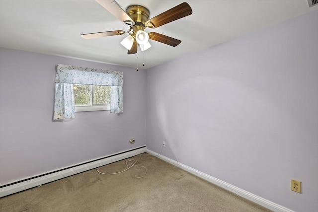 unfurnished room with ceiling fan, baseboards, baseboard heating, and light colored carpet