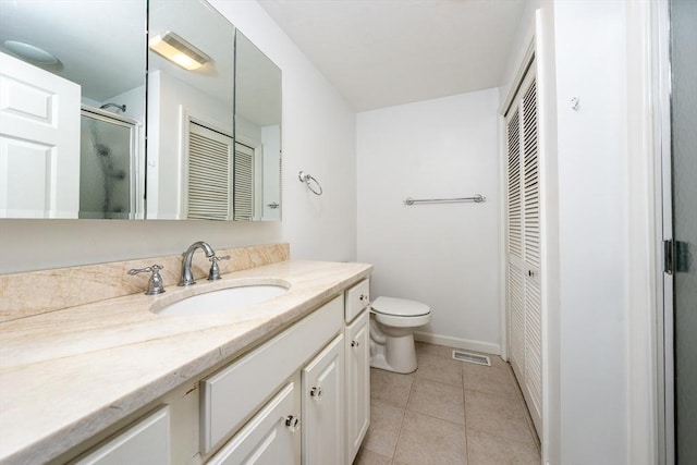 bathroom featuring vanity, toilet, a closet, visible vents, and a stall shower