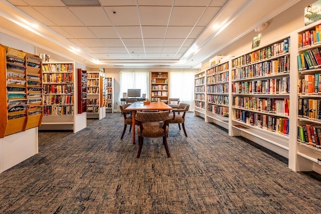 sitting room featuring a tray ceiling, carpet, wall of books, and a drop ceiling