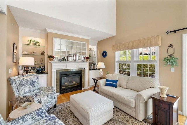 304 Godfrey Dr Unit 304, Norton, MA 02766 - living area featuring a tile fireplace, light wood-style floors, built in shelves, and ornamental molding