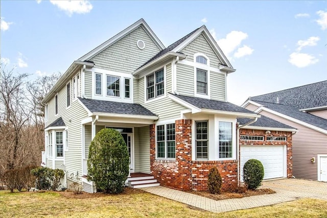 4 Rose Court Way Unit 4, Walpole, MA 02032 - view of front of property with an attached garage, brick siding, driveway, a front lawn, and roof with shingles