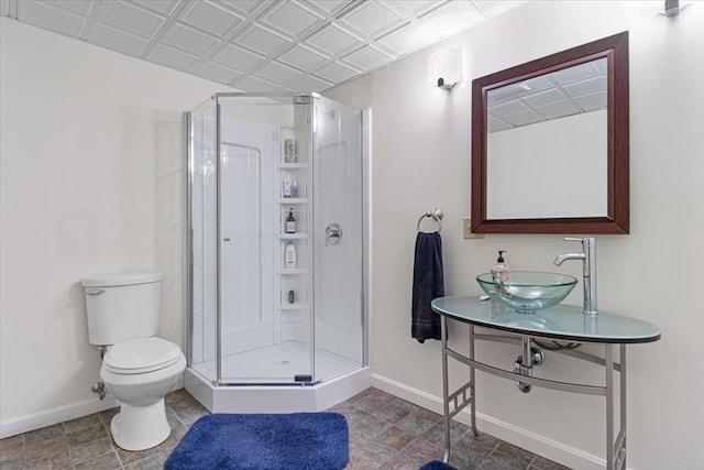 4 Rose Court Way Unit 4, Walpole, MA 02032 - bathroom featuring baseboards, a stall shower, toilet, an ornate ceiling, and vanity