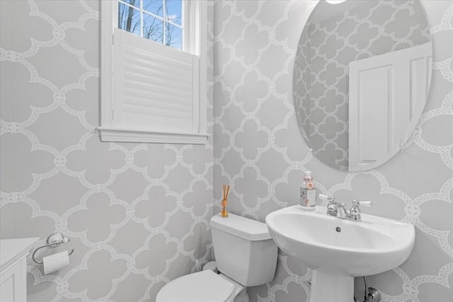 4 Rose Court Way Unit 4, Walpole, MA 02032 - bathroom featuring toilet, wallpapered walls, and a sink