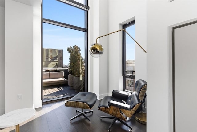 living area featuring a wall of windows and hardwood / wood-style floors