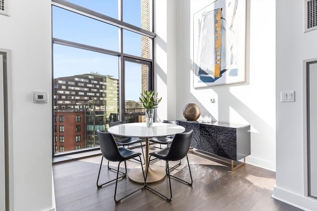 dining area featuring expansive windows and wood-type flooring