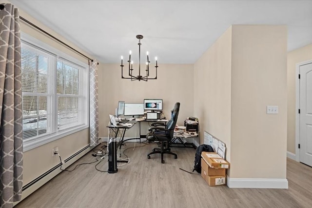 office area featuring a baseboard radiator, wood finished floors, an inviting chandelier, and baseboards