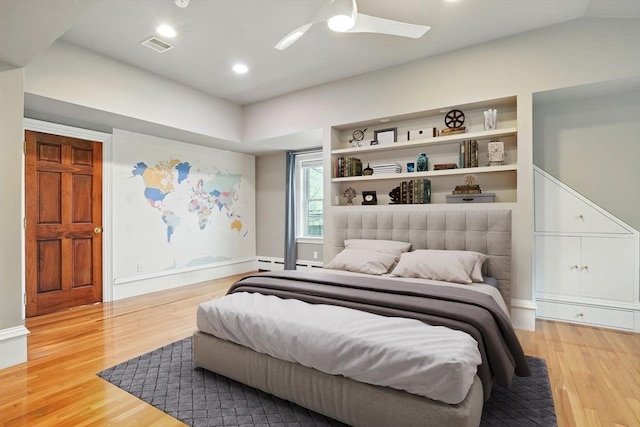 bedroom featuring visible vents, light wood-type flooring, recessed lighting, and a ceiling fan