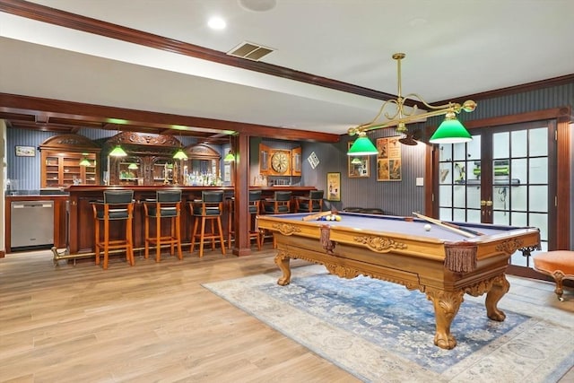 playroom with bar area, pool table, and crown molding