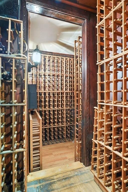 wine cellar with wood finished floors