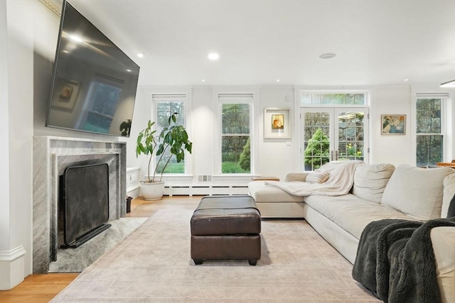 living area with a healthy amount of sunlight, a high end fireplace, a baseboard heating unit, and wood finished floors