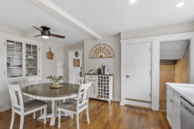 dining room with recessed lighting, a ceiling fan, wood finished floors, and beamed ceiling