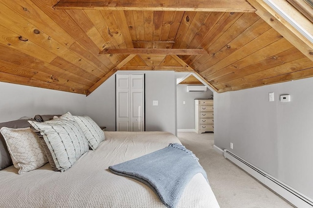 bedroom with baseboard heating, light colored carpet, vaulted ceiling with beams, wood ceiling, and a wall mounted AC