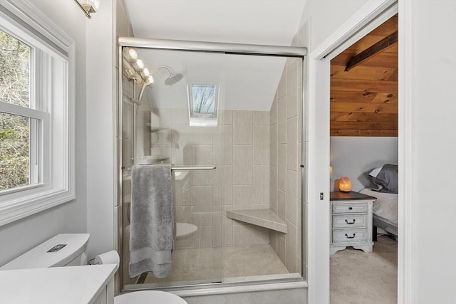 ensuite bathroom featuring a stall shower, a wealth of natural light, and toilet