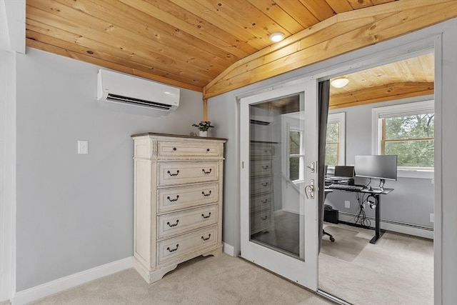 interior space with wooden ceiling, light colored carpet, a wall unit AC, and lofted ceiling