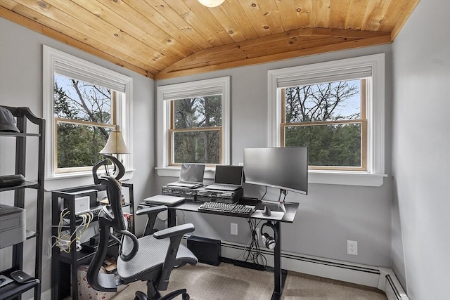 office space with carpet, vaulted ceiling, wooden ceiling, and baseboard heating