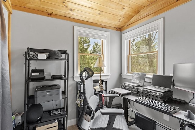 office with baseboards, vaulted ceiling, and wooden ceiling