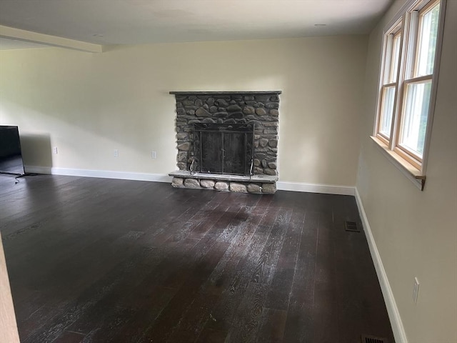 11 Pleasant St, Freetown, MA 02702 - unfurnished living room featuring dark wood-style flooring and a fireplace