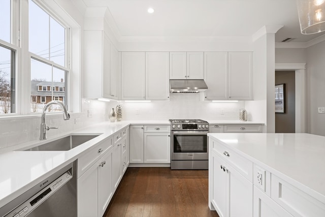 kitchen featuring dark hardwood / wood-style flooring, sink, decorative backsplash, appliances with stainless steel finishes, and white cabinetry