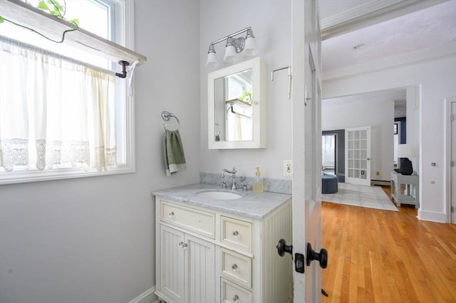 bathroom with vanity and wood-type flooring