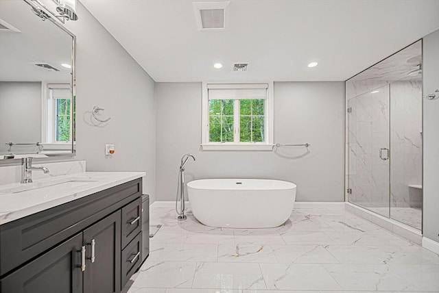 bathroom with visible vents, marble finish floor, baseboards, and a marble finish shower