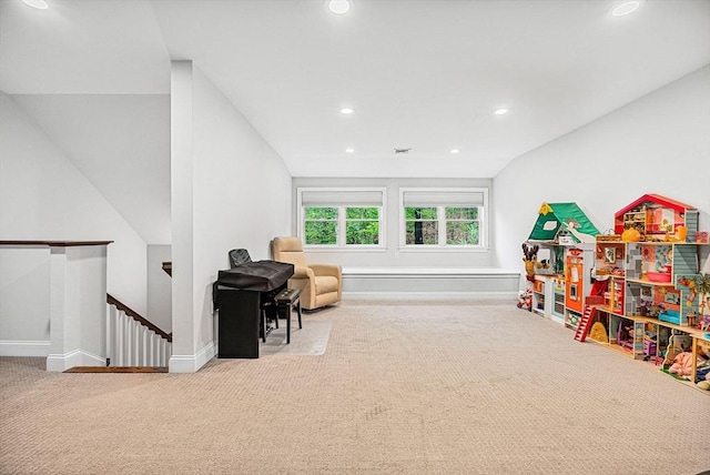 playroom with baseboards, recessed lighting, and carpet