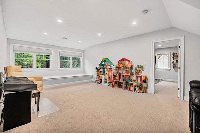 playroom featuring vaulted ceiling, carpet, plenty of natural light, and recessed lighting