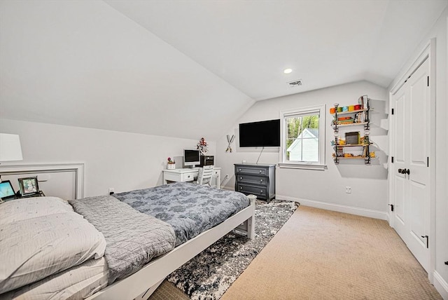 carpeted bedroom with lofted ceiling, baseboards, visible vents, and recessed lighting