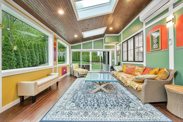 sunroom featuring vaulted ceiling with skylight, hardwood / wood-style flooring, wooden ceiling, and an AC wall unit