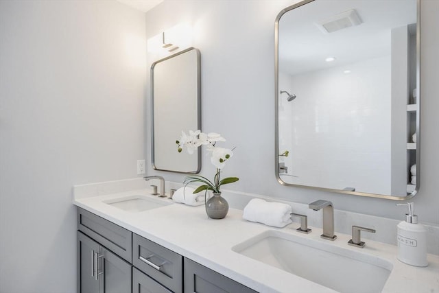 full bathroom featuring a sink, a shower, double vanity, and visible vents