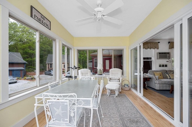 3 Chipmunk Trl Unit 3, Westford, MA 01886 - sunroom featuring a ceiling fan, wood finished floors, and a wall mounted AC